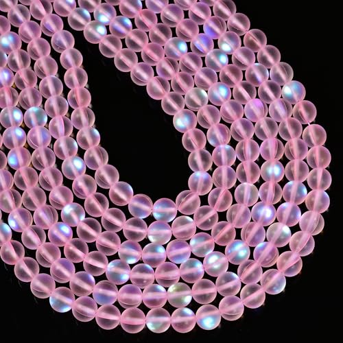 8 mm große, matte rosa Meerjungfrauen-Aurora-Kristallglasperle, glitzernde, runde synthetische Mondsteinperlen für Schmuckherstellung, Armbänder von Land Long