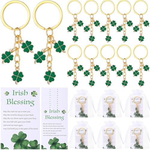 Landical 25 Sets St. Patrick's Day Party Favors 4 Leaf Clover Keychain Irish Shamrock Keychain with Irish Blessing Cards Gift Bag von Landical