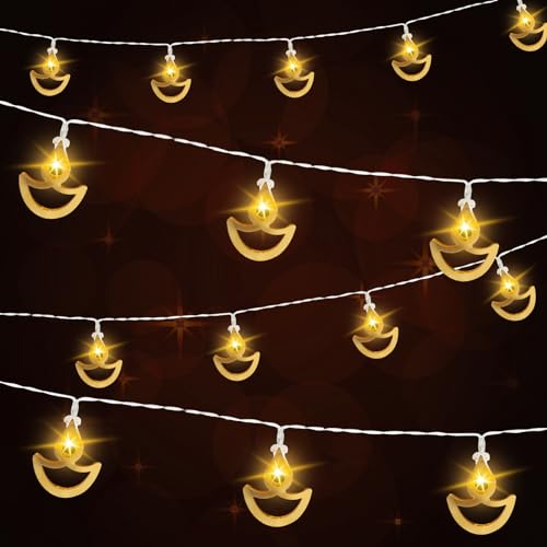 Landifor Diwali-Lichterkette mit indischem Thema, Lichterkette, 20 LEDs, warmweiß, Dīpāvali Hängeleuchte, Diwali-Flammenförmige Lampen für Deepavali, indisches Thema, Puja-Dekor von Landifor