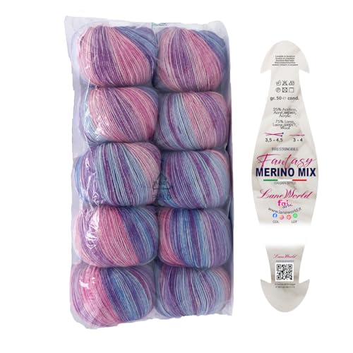 Packung 10 Knäuel Fantasy Merino Mix Weiche Farbige Wolle aus Merinowolle, 500 g, Lauflänge 130 m (1, 63) von LaneWorld