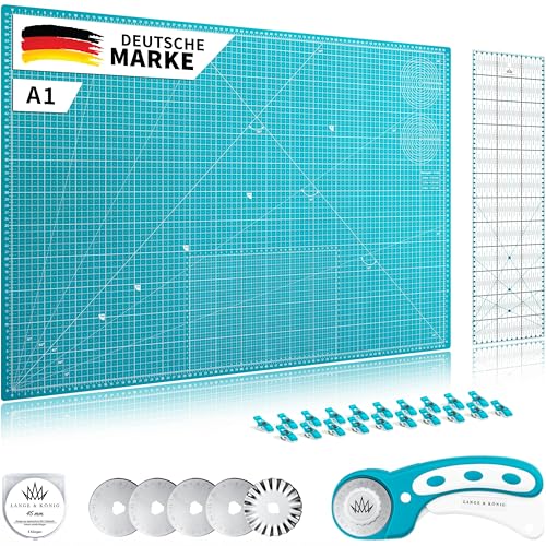 Lange & König Schneidematte Set A1 Inkl. Rollschneider, Schneideunterlage, Patchwork-Lineal, Nähklammern & Klingen - Super Nähzubehör Nähen Zubehör Stoffe zum Nähen Rollschneider Stoff Stoffklammern von Lange & König