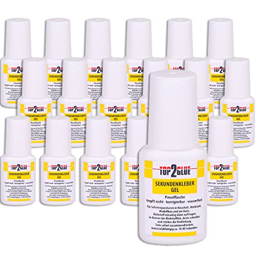 Sekundenkleber dickflüssig - Top2Glue Alleskleber extra stark - Sekundenkleber GEL 10g in der Pinselflasche - Nagelkleber - Tip Kleber - Bastelkleber - Kunststoffkleber wasserfest (20 Flaschen) von Langlauf Schuhbedarf