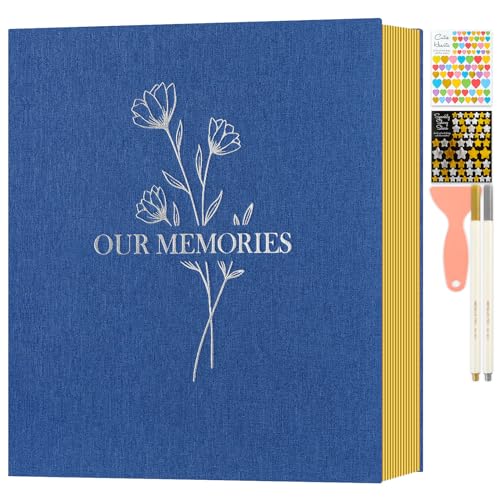 Lanpn Fotoalbum Selbstklebend Einkleben Scrapbook, Große Leinen OUR MEMORIES Groß Weiße Seiten Fotobuch zum Selbstgestalten für 10x15cm 13x18cm A4 A5 Bilder (40 Blatt/80 Seiten,Blau) von Lanpn