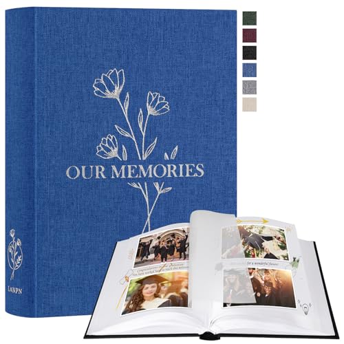 Lanpn Fotoalbum zum Selbstgestalten Einkleben, Kleines OUR MEMORIES Leinen Fotobuch 100 weißen Seiten mit Pergamin Trennblätter Fasst 9x13 10x15 13x18cm Fotos (19x27 cm, Blau) von Lanpn