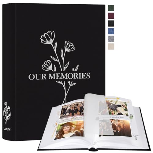 Lanpn Fotoalbum zum Selbstgestalten Einkleben, Kleines OUR MEMORIES Leinen Fotobuch 100 weißen Seiten mit Pergamin Trennblätter Fasst 9x13 10x15 13x18cm Fotos (19x27 cm, Schwarz) von Lanpn