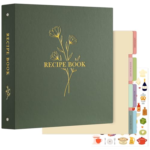 Lanpn Rezepte Ordner für Kochrezepte, 3 Ringen A4 DIY Kochbuch Selbst Schreiben, Rezeptbuch zum Selberschreiben, Recipe Binder Rezeptordner mit 8 Trennblättern und 2 Aufklebern, Grün von Lanpn