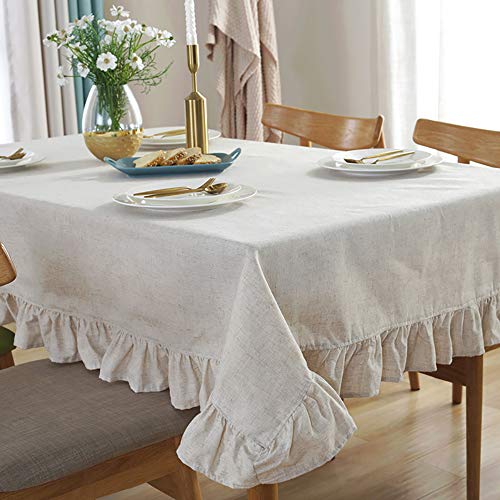 Lanqinglv Beige Baumwolle Leinen Tischdecke Abwaschbar Eckig Tischdecke 140x140cm Rüschen Einfarbig Quadratisch Gartentischdecke Couchtisch Tischtuch Vintage Hochzeit Dekoration (140x140,BE) von Lanqinglv