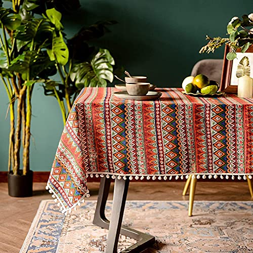 Lanqinglv Bohemian Tischdecke 140x200cm mit Quaste Baumwolle und Leinen Abwaschbar Rot Bunt Indisch Vintage Rechteckig Gartentischdecke Küchentischabdeckung für Speisetisch von Lanqinglv