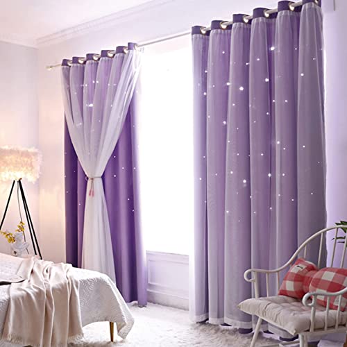 Lanqinglv Verdunkelugsvorhang Kinderzimmer Gardienen 2er Set Sterne Verdunkelung Vorhänge Blickdicht mit Ösen Mädchen Voile Farbverlauf Gardinen Violett (H 160 x B 132 cm) von Lanqinglv