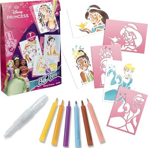 Lansay - BLOPENS Disney Princesses -Set Zeichnungen & Ausmalbilder für Kinder ab 5 Jahren - 6 Blopens Pusted Coloriage Filzstifte + 7 Wiederverwendbare Schablonen - Manuelle Aktivität von Lansay