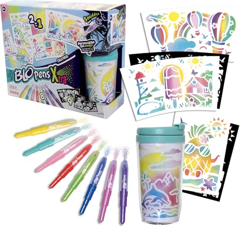 Lansay - BLOPENS X-TRA - Crea'Mug - Kit Personalisierung Tasse mit Becher - Für Kinder Ab 6 Jahren - 8 Blopens Filzstifte mit Airbrush-Effekt + 9 Wiederverwendbare Schablonen + 11 Zeichenblätter von Lansay