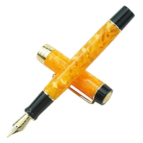 Jinhao 100 Series Füllfederhalter, Feine Feder Gelb Marmor Farbe Harz Schaft Golden Trim mit Metall Stiftetui von Lanxivi