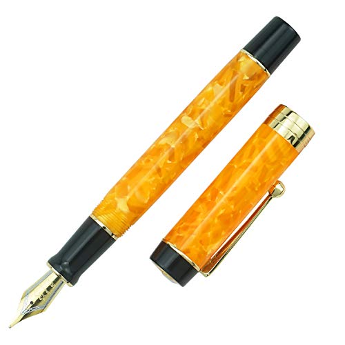 Jinhao 100 Series Füllfederhalter, Mittlere Spitze Gelb Marmor Farbe Harz Schaft Golden Trim mit Metall Stiftetui von Lanxivi