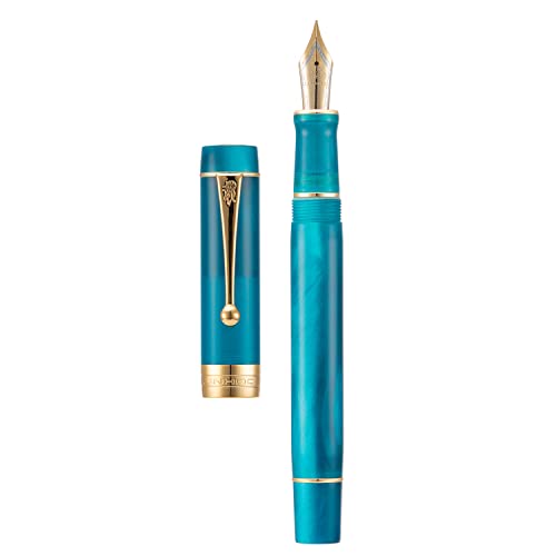 Jinhao Klassischer Füllfederhalter, Pfauenblau, Zelluloid, mittlere Feder mit Konveter und Stiftetui, Set von Lanxivi