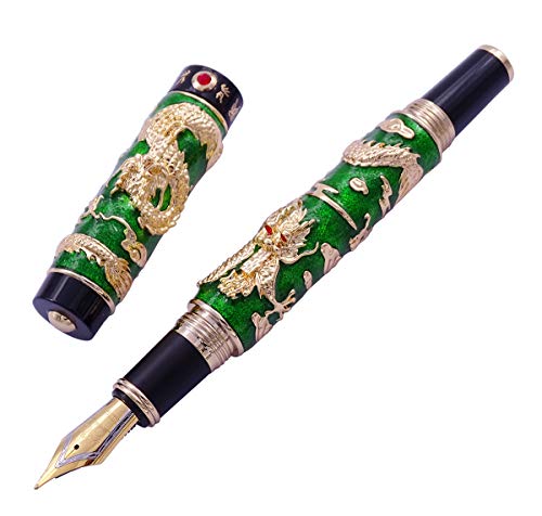 Jinhao Cloisonne Füllfederhalter, grüne Farbe, mittlere Feder, chinesische handgefertigte Emaille-Malerei, Drachenfass-Tintenstift mit Stifttasche von Lanxivi