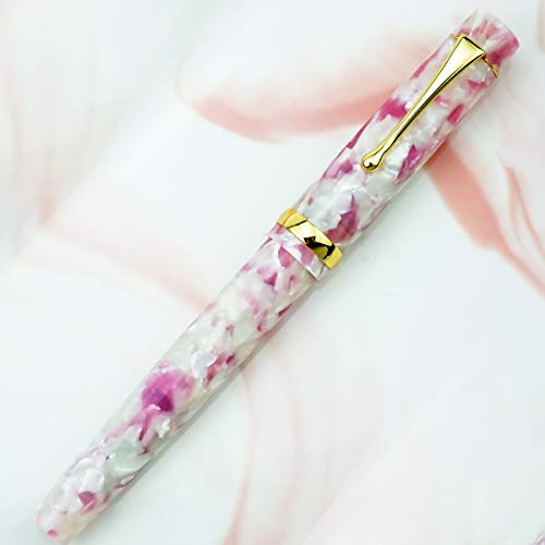 Schöner Acryl-Harz goldener Clip-Füllfederhalter, extra feine Feder, marmoriertes Sakura-Rosa, mit Stifttasche von Lanxivi