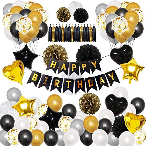 LAPONO Geburtstagsdeko Komplettset für Erwachsene 98pcs, 65 Latex Ballons Gold Silber Schwarz 8 Folienballons 15 Girlanden 3 Größen Fransen, Party Deko mit Banner perfekt für Hochzeit Fotohintergrund von LAPONO