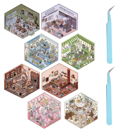 3D Sticker Scene 8 Sätze Sticker Scene Miniatur Retro-Cartoon DIY 3D House Stickers Geeignet für Erwachsene und Kinder Um Stress Abzubauen und Sich Die Zeit Zu Vertreiben von Laralily