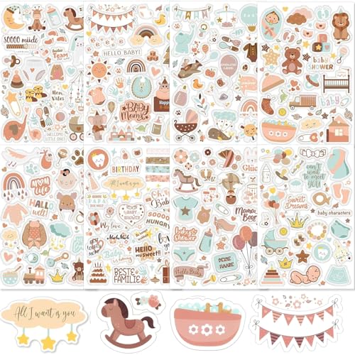 4 Blatt 204 Stücke Baby Sticker, Babyalbum Sticker Aufkleber für Kinder und Baby Fotoalben, Baby-Scrapbook-Aufkleber,DIY Baby Scrapbook Stickers für Fotoalbum Kalender Scrapbook Party Deko von Laralily