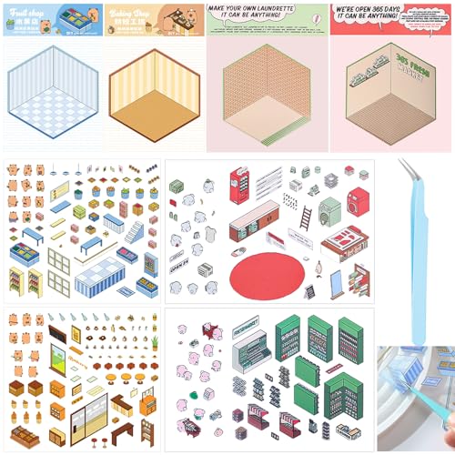 4 Sets 3D House Stickers, Scene Miniatur Haus Sticker 3D Hausaufkleber DIY 3D House Stickers Make Bauen Sie Ihre Eigene, House Sticker Puppenhaus Deko,Supermarkt,Waschküchenhütte,Bäckereien,Obstladen von Laralily