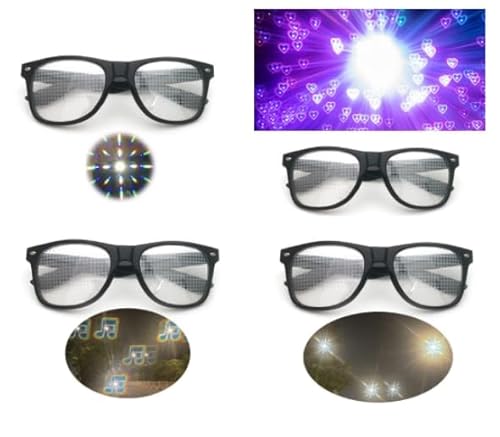 Laralily 4 Stück Prisma Brille,Kaleidoskop Brille,Diffraction Glasses,Diffractions Party Brille,Diffraction Prisma Brille,Party Brille,Geeignet für Maskeraden,Karneval Im Freien,Partys,Clubs von Laralily