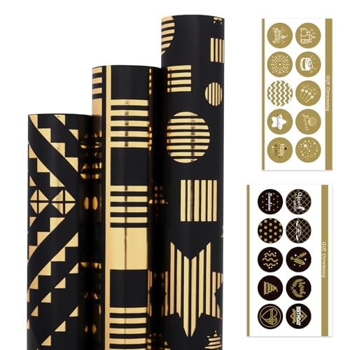 Larcenciel Geschenkpapier Rolle, Schwarz Gold Geburtstag Geschenkpapier mit Aufkleber, Metallisch Geometrische Sterne Geschenkpapier Packpapier Rolle für Hochzeit Weihnachten Urlaub (300x43cm，3Rolle) von Larcenciel