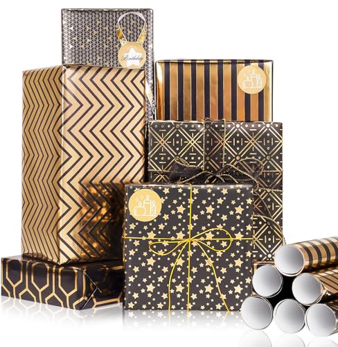 Larcenciel Geschenkpapier Rolle, Schwarz Gold Geschenkpapier Geburtstag mit Aufkleber, Metallic Sternen Verpackungsmaterial Edel Geschenkverpackung für Hochzeit, Party, Weihnachten, (6 Blatt 100x43cm) von Larcenciel