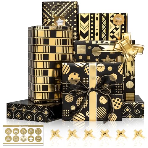 Larcenciel Geschenkpapier Set, 6 Blatt Geschenkpapier Schwarz Gold Geschenkpapier mit Geschenkschleife & Aufkleber, Edel Packpapier Geschenkverpackung für Weihnachten Geburtstag Hochzeit, (70x50cm) von Larcenciel