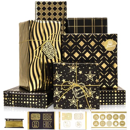 Larcenciel Geschenkpapier Set, 6 Blatt Metallic Geschenkpapier Schwarz Gold mit Aufkleber Geschenkanhänger, Geschenkverpackung Papier Glitzer mit Sternen Wellen für Geburtstage, Party, Ferien, 70x50cm von Larcenciel