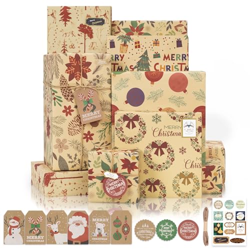 Larcenciel Geschenkpapier Weihnachten, 6 Blatt Weihnachtsgeschenkpapier + Geschenkanhänger + Aufkleber + Bindfaden, Rot Grün Blumen Weihnachtspapier Bunt Kraftpapier für Neujahr Urlaub Party, 70x50CM von Larcenciel