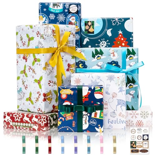 Larcenciel Geschenkpapier Weihnachten + Geschenkband + Aufkleber, 8 Blatt Niedlich Weihnachtsgeschenkpapier mit Weihnachtsmann und Rentier, Geschenkverpackung Papier für Urlaub, Party, Ferien, 70x50CM von Larcenciel