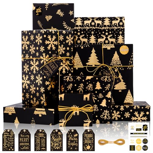 Larcenciel Geschenkpapier Weihnachten 6 Blatt, Schwarz Gold Weihnachtspapier Geschenkpapier mit Geschenkanhänger + Aufkleber, Glitzer Edel Weihnachtsgeschenkpapier für Neujahr, Urlaub, Party, 70x50CM von Larcenciel