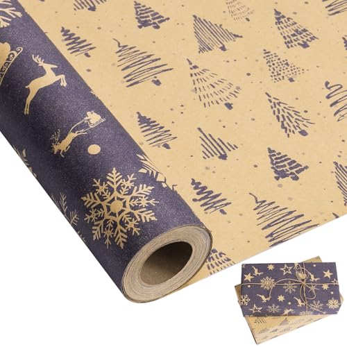 Larcenciel Geschenkpapier Weihnachten Rolle, Vintage Blau Weihnachtspapier Geschenkpapier, Edel Beidseitig Bedrucktes Kraftpapier Weihnachtsgeschenkpapier Rollen für Neujahr Urlaub Party,100 x 43CM von Larcenciel