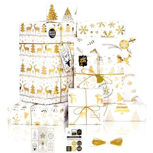 Larcenciel Geschenkpapier Weihnachten Set, 6 Bögen Metallic Glitzer Weihnachtsgeschenkpapier Gold, Eleganter Weihnachtsbaum Schneeflocke Elch Weihnachtspapier für Neujahr, Ferien, Geburtstage, 70x50cm von Larcenciel