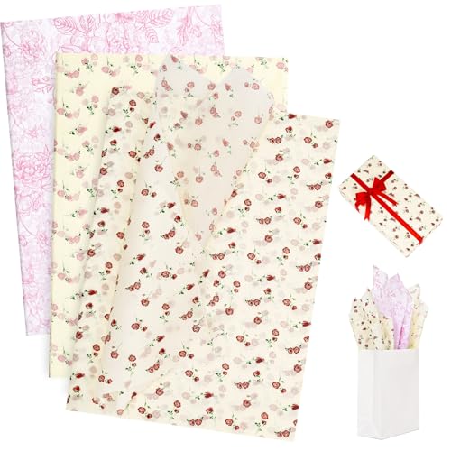 Larcenciel Seidenpapier, 30 Blatt Rose Seidenpapier Verpackungsmaterial für Geschenk, Edel Beige Rosa Geschenkpapier Blumen Packseide Verpackungspapier für Geburtstag Hochzeit Valentinstag (50x70CM) von Larcenciel