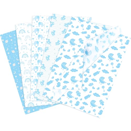 Larcenciel Seidenpapier 50 Blatt, Blau Seidenpapier Verpackungsmaterial mit Sterne Elefanten Trojaner Muster, Pastell Packseide Jungen-Design Geschenkpapier für Baby Shower, Party, Taufen (50x35cm) von Larcenciel