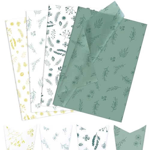 Larcenciel Seidenpapier 60 Blatt, Grün Seidenpapier Verpackungsmaterial zum Basteln, Geschenkpapier mit Botanisches Muster, Packseide Transparentpapier für Geburtstag Hochzeit Ostern Party (50x35CM) von Larcenciel