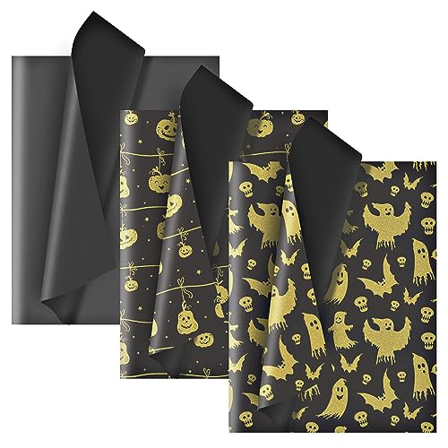 Larcenciel Seidenpapier 60 Blatt, Halloween Seidenpapier zum Verpacken, Schwarzes Gold Glitzer Papier mit Kürbis Fledermaus Geschenkpapier Verpackungsmaterial für Geschenk Geschenktüten, 50×35cm von Larcenciel