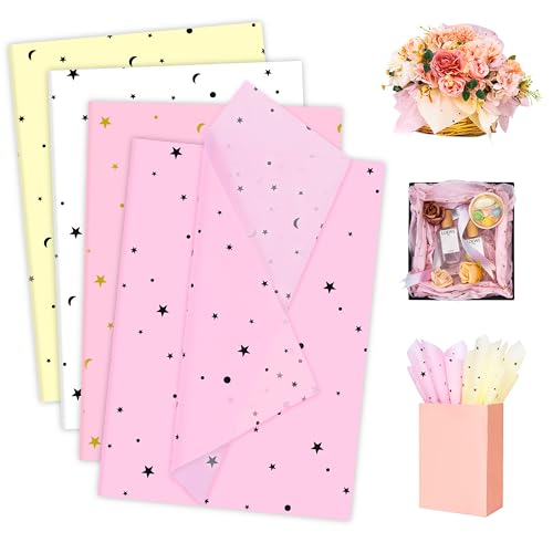 Larcenciel Seidenpapier 60 Blatt, Rosa Weiß Seidenpapier Verpackungsmaterial mit Sterne Muster, Pastell Seidenpapier Transparentpapier zum Verpacken, Verpackungspapier für Geburtstag, Hochzeit,50x35CM von Larcenciel