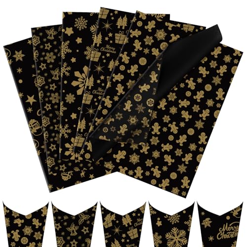 Larcenciel Seidenpapier Weihnachten, 50 Blatt Glitzer Schwarz Gold Seidenpapier Verpackungsmaterial zum Basteln, Metall Seidenpapier Geschenkpapier mit Schneeflocken Sterne Muster für Party, 50×35CM von Larcenciel