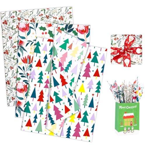 Larcenciel Seidenpapier Weihnachten, 60Blatt Bunt Seidenpapier Verpackungsmaterial zum Verpacken, Weihnachten Geschenkpapier Seidenpapier mit Pflanzliches Muster, Packseide für Neujahr Party, 50×35CM von Larcenciel