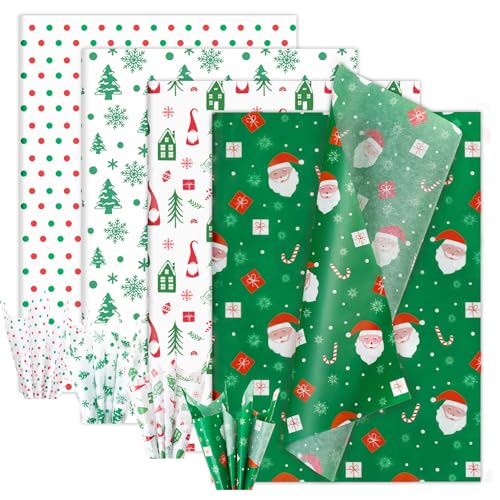 Larcenciel Seidenpapier Weihnachten 60 Blatt, Bunt Seidenpapier Verpackungsmaterial zum Basteln & Verpacken, Rot-grün Weihnachts Geschenkpapier mit Weihnachtsmann Schneeflocken für Party, 50x35CM von Larcenciel