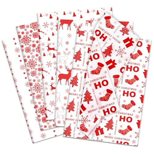 Larcenciel Weihnachten Seidenpapier 50 Blatt, Rot Weiß Seidenpapier Verpackungsmaterial für Geschenktüten & Füllmaterial, Matt Transparentpapier mit Schneemann Muster für Party, Neujahr, 50x35CM von Larcenciel