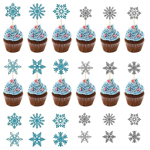 24Set Blau+Silber Schneeflocke Cake Toppe,Glänzende Weihnachten Cupcake Dekorationen, Glitzer-Karte Muffin Kuchen,Prinzessin im wirklichen Leben, Weihnachten Geburtstag Hochzeit Party Nachmittagstee von Larfraecy