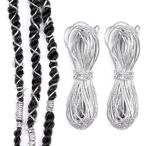 Haarflechtgarn 2Rollen Metallische elastische Kordeln,Zopf Zubehör,Dirty Braid Perücke Geflochtener Kopfschmuck,Metall Zöpfe für Zöpfe Weihnachten Packen Geschenkverpackung Hängen (Silber) von Larfraecy