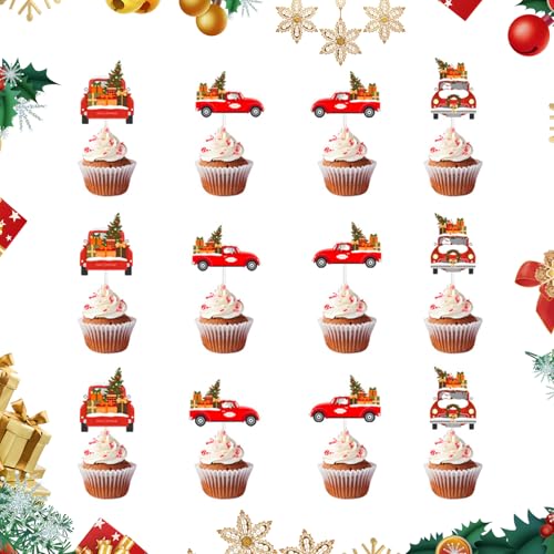 Larfraecy 12Pcs Weihnachten Cupcake Toppers, Weihnachten Truck Kuchen Topper Fröhliche Weihnachten Party-Kuchen Dekoration für Kinder, Festliche Weihnachten Neujahr Papierkuchen Toppers von Larfraecy