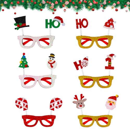 Larfraecy 6 Stück Weihnachten Glitter Party Brillengestell,Weihnachten Novelty Brille,Weihnachten Brille ​Rahmen,Fancy Dress Kostüm Weihnachten Dekoration für Kinder Erwachsene von Larfraecy