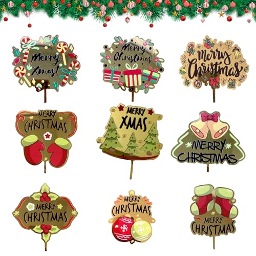 Larfraecy 9Pcs Weihnachten Kuchen Toppers, Gold Fröhliche Weihnachten Kuchen Toppers Acryl Cupcake Toppers Festliche Weihnachtskuchen Dekoration Weihnachten Party Cupcake Dekor Xmas Zeichen Zubehör von Larfraecy