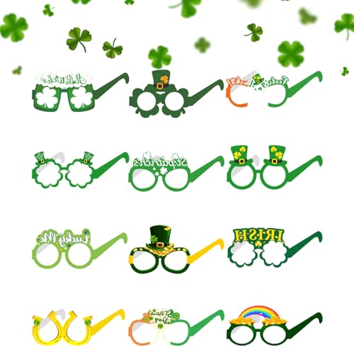 Larfraecy St. Patrick's Day Brille, 12 Stück, St. Patrick's Day Dekoration, Brillen, St. Patricks Day, Zubehör, grünes Kleeblatt, irische Brillen, Rahmen für Foto-Requisiten, Partyzubehör von Larfraecy