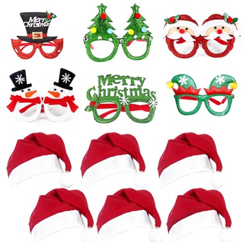 Larfraecy Weihnachtsdekoration Gläser und Hüte Set: 6Pcs Weihnachten Glitter Party Brille Frame+6Pcs rote Weihnachten Hüte,Weihnachten Fancy Dress Kostüm Dekoration von Larfraecy